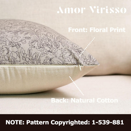 Amor Virisso Floral Throw Pillow Covers 18x18 Set of 2 Vintage Block Print Pillow Covers Decorative Pillow Covers Couch Pillows for Living Room Farmhouse Accent Sofa Pillows, Black/Sand Amor Virisso