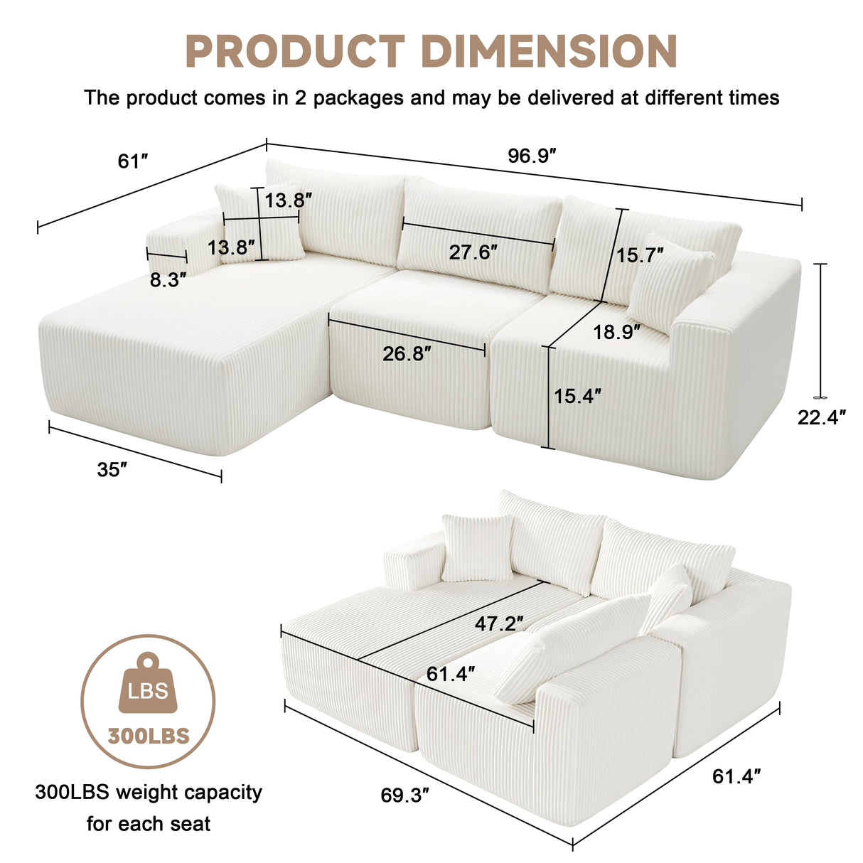 97" Boneless Couches for Living Room, Cloud Couch Sectional with Deep Seat, Comfy Couch with L-Shaped Chaise, Minimalist Upholstered Modular Sectional Sofa, No Assembly Required (Corduroy,Lvory) Huatean Home