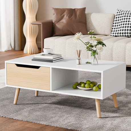 Cozy Castle Modern Coffee Table, Wooden Cocktail Table with Storage, Minimalist Hallway Table, Mid Century Modern Coffee Table for Living Room Apartment Reception, White Cozy Castle