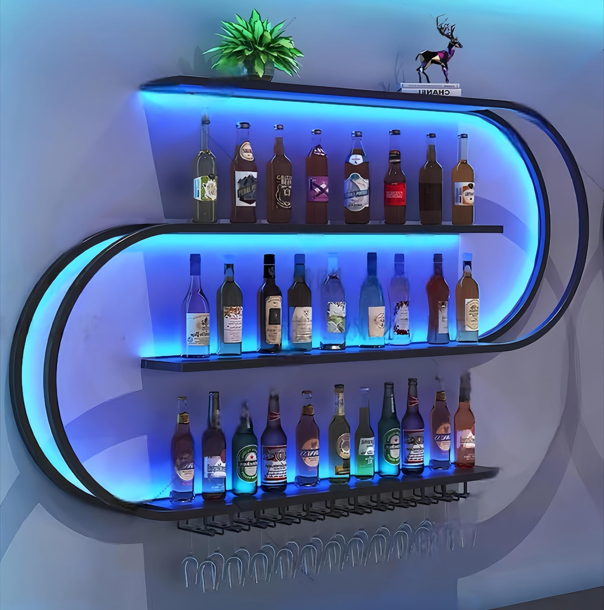 HFTUW 39 Inch Wall-Mounted Wine Rack with Led Light, 4-Tier Half Round Bar Shelves, Industrial Metal Display Storage Shelf & Wine Glass Hooks for Home Bar, Dining Room(Black-Blue Led, 39in/100cm) HFTUW