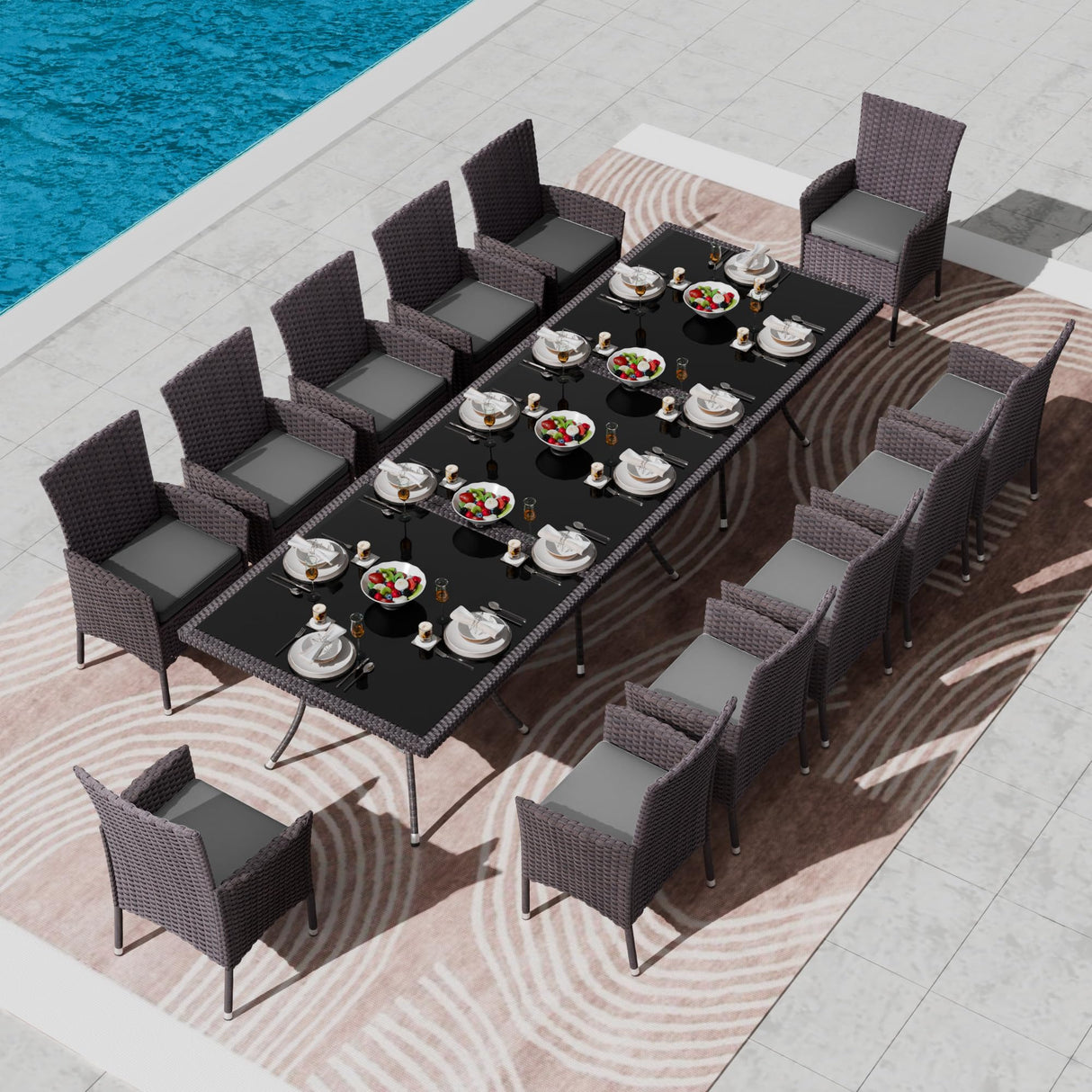 Kullavik 15-Piece Outdoor Dining Set Patio Rattan Furniture Set,Patio Dining Table and Chairs Set with 12 Chairs and Cushions,Square Glass Tabletop with Umbrella Hole for Patio,Backyard,Garden,Grey Kullavik