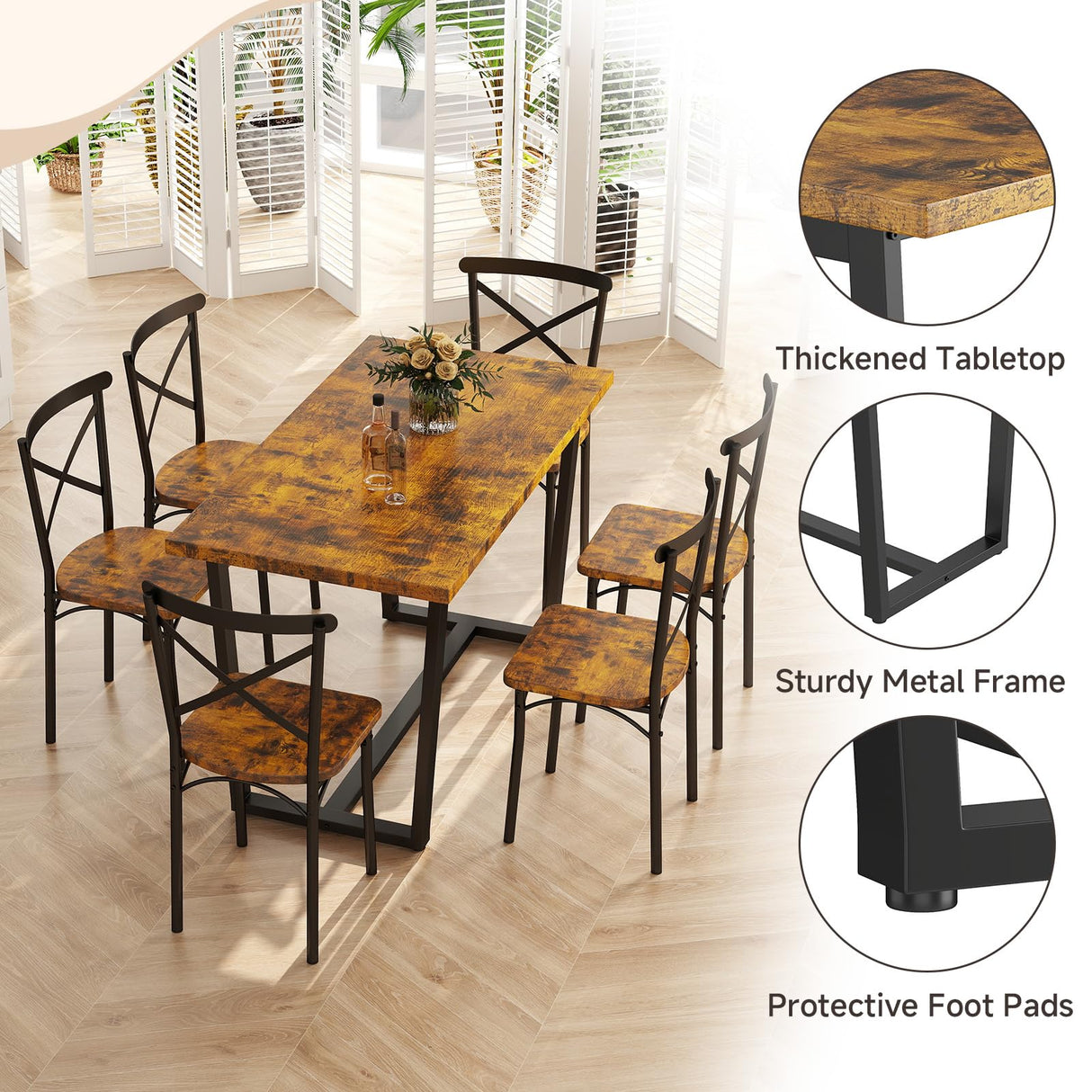 Zevemomo 7-Piece Dining Table with Chairs Set, Rectangular Metal Frame Table with 6 Chairs, Modern Table Furniture Set for Kitchen, Dining Room and Living Room, Brown Zevemomo