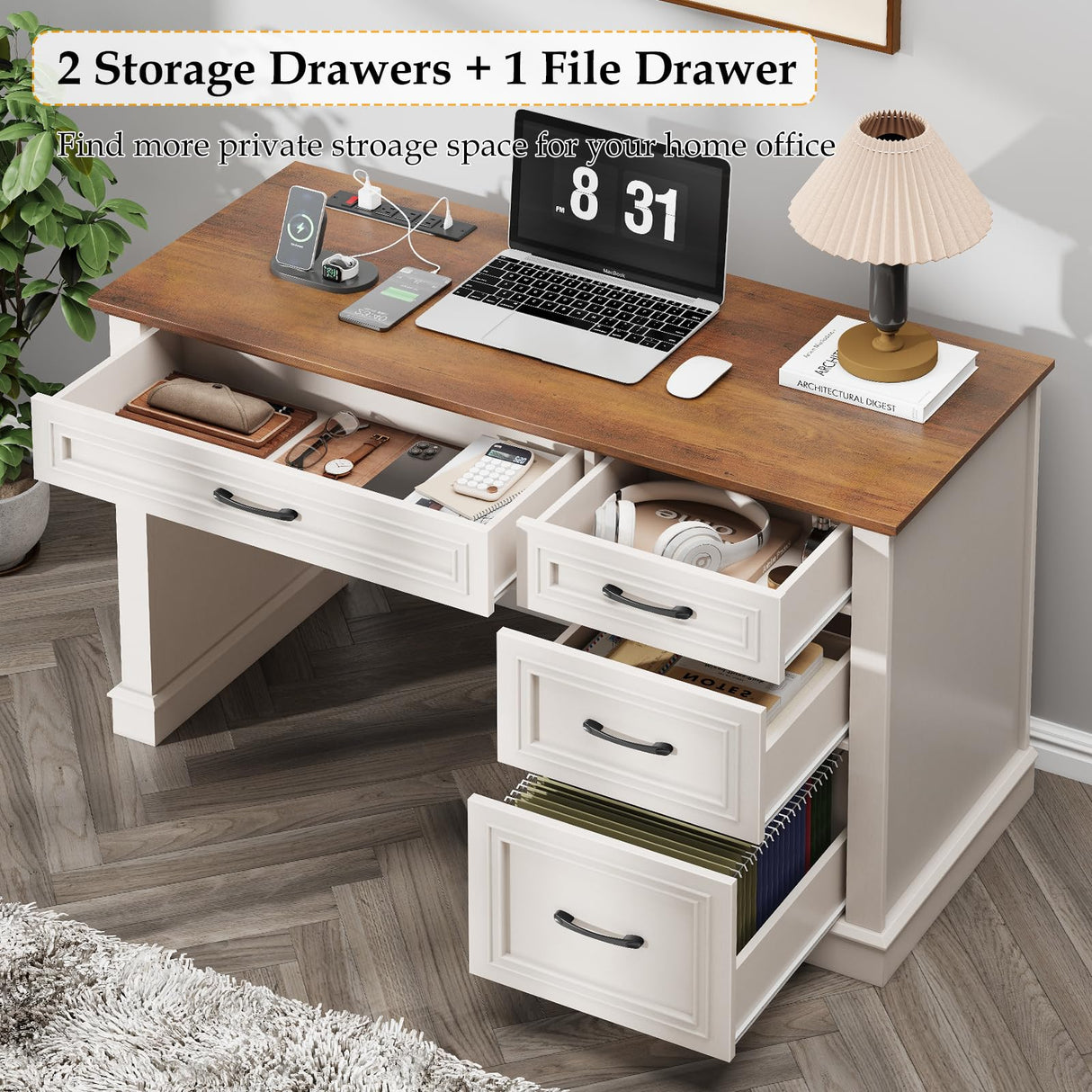 Farmhouse 47" Executive Desk, Computer Desk with Drawers and File Drawer, Workstation Computer Desk with Charging Station for Home Office,Study (Unique White) Befrases