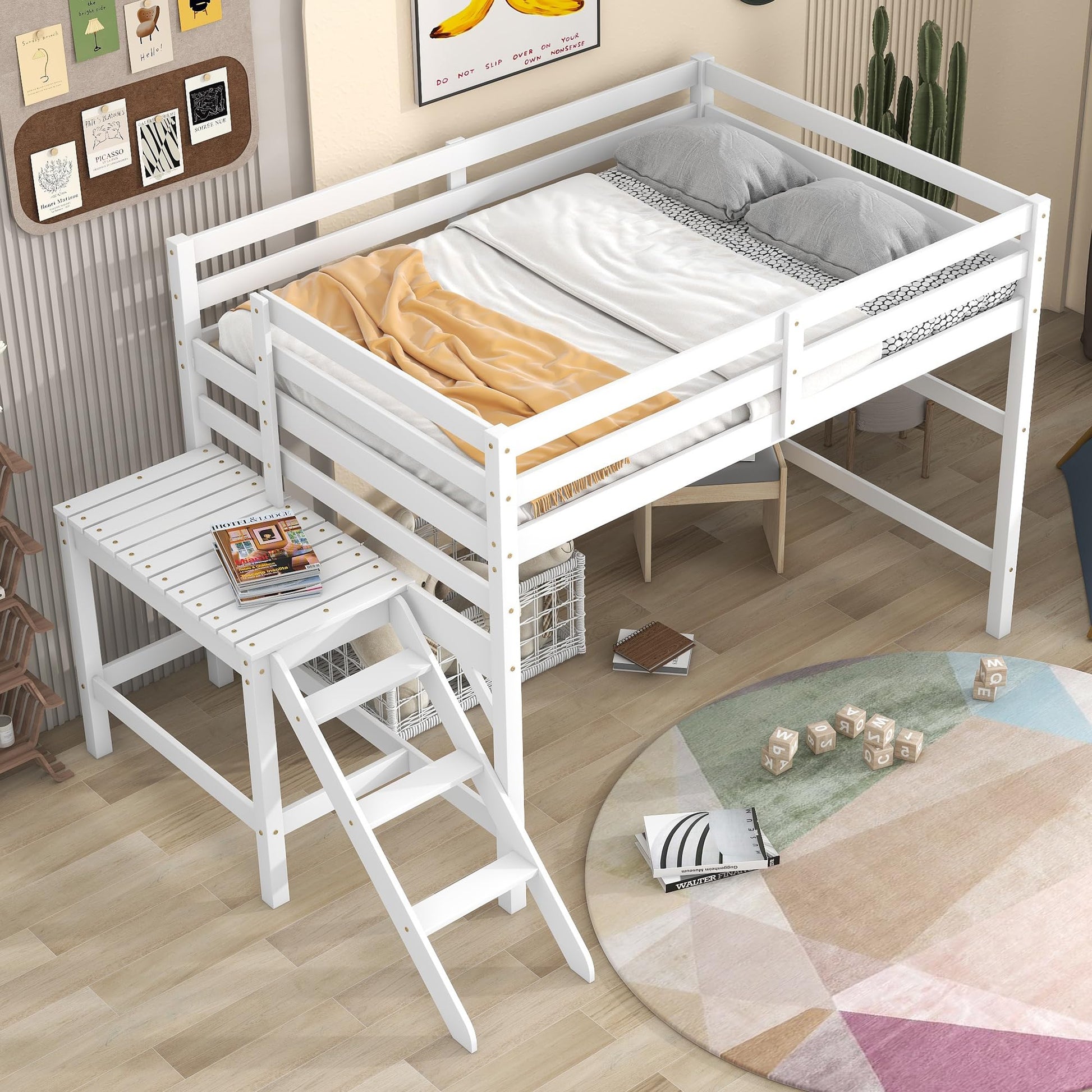 Dolonm White Full Loft Bed with Platform and Ladder – Stylish Low Height Frame for Kids & Adults - WoodArtSupply