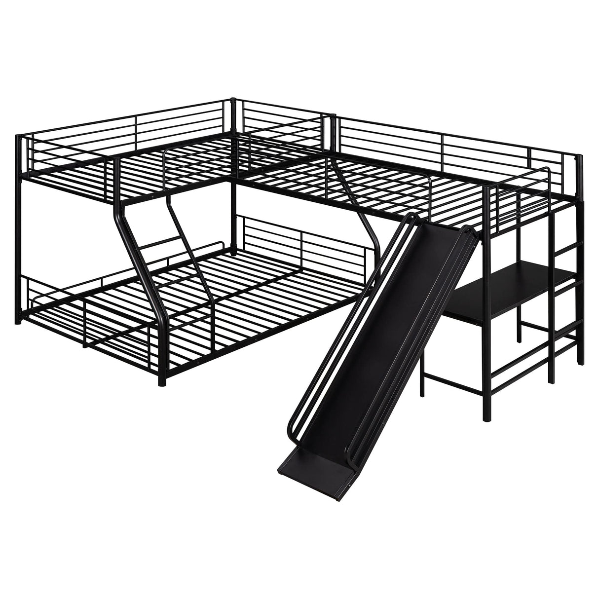 Low Twin Over Full Bunk Bed with Twin Loft Bed, L-Shaped Triple Bunk Bed with Slide and Desk, 3 Bunk Beds with Ladder and Full Length Guardrails, (Black Twin Over Full Slide Desk) Bellemave