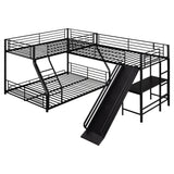 Low Twin Over Full Bunk Bed with Twin Loft Bed, L-Shaped Triple Bunk Bed with Slide and Desk, 3 Bunk Beds with Ladder and Full Length Guardrails, (Black Twin Over Full Slide Desk) Bellemave