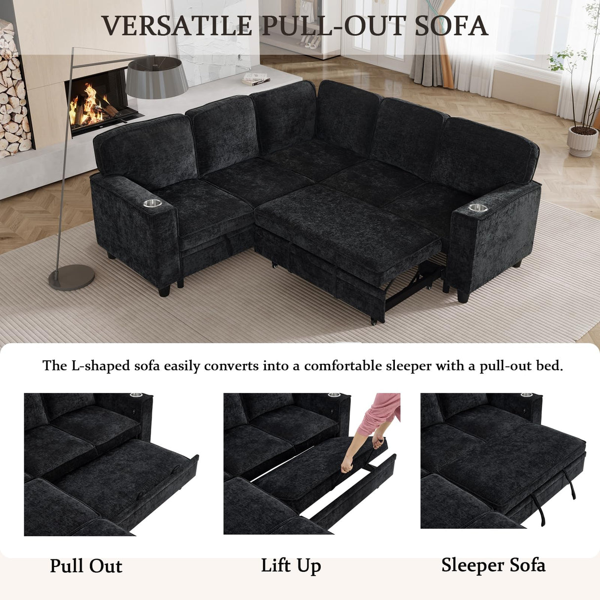 KEIKI 81" L-Shaped Oversized Chenille Modular Sectional Sleeper Sofa with Pull-Out Bed, Storage Seat, Modern 5-Seater Upholstered Couch Bed with Charging Station, Easy Assembly, for Living Room, Black KEIKI