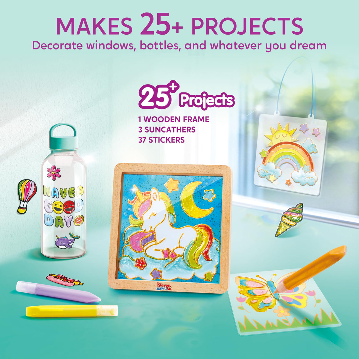Klever Kits DIY Gel Art Suncatcher Kits for Kids, Paint Your Own Unicorn Window Art Kit with Photo Frame, Painting Arts and Crafts for Kids Ages 6-8 Girls Boys Birthday Gifts Halloween Decor Klever Kits