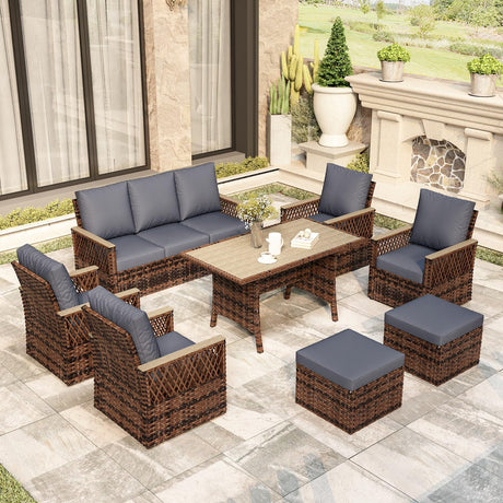 MELLCOM 8 Pieces Patio Furniture Set, Outdoor Wicker Chairs with Ottomans, 3-Seat Sofa & Dining Table, All-Weather Conversation Set with Water-Resistant Cushions & High Back for Garden, Backyard MELLCOM