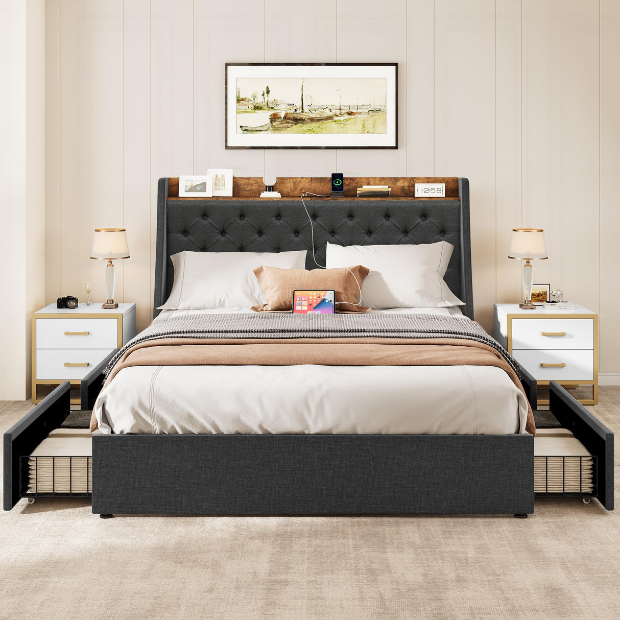 YITAHOME Queen Upholstered Platform Bed Frame with Wingback Headboard and 4 Storage Drawers, Built-in Outlets and USB Ports, Sturdy Wood Slats, No Box Spring Needed - Gray YITAHOME