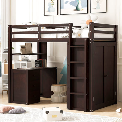 Harper & Bright Designs Twin Loft Bed with Desk and Wardrobe,Solid Wood Loft Bed Frame Twin with Storage Drawers for Kids Teens Adults,No Box Spring Needed,Espresso