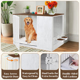 TBWIND Dog Crate Furniture for Large Dogs, 36" Indoor Wooden Dog Kennel with 270° Swivel Door & 360° Rotating Feeder, Decorative Heavy Duty Dog House with Double Locks & Bowls, White TBWIND