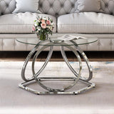 O&K FURNITURE Glass Coffee Table, Modern Silver Coffee Table Living Room Table with Hexagonal Base, Round Coffee Table for Home&Office, Chrome Finish, 1 PC O&K FURNITURE