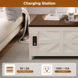 Melidee Farmhouse Lift Top Coffee Table - Wood Square Center Table with Hidden Storage Space, Charging Station & USB Ports, for Living Room, Home Office - 33.5" L x 33.5" W x 17.6" H Melidee