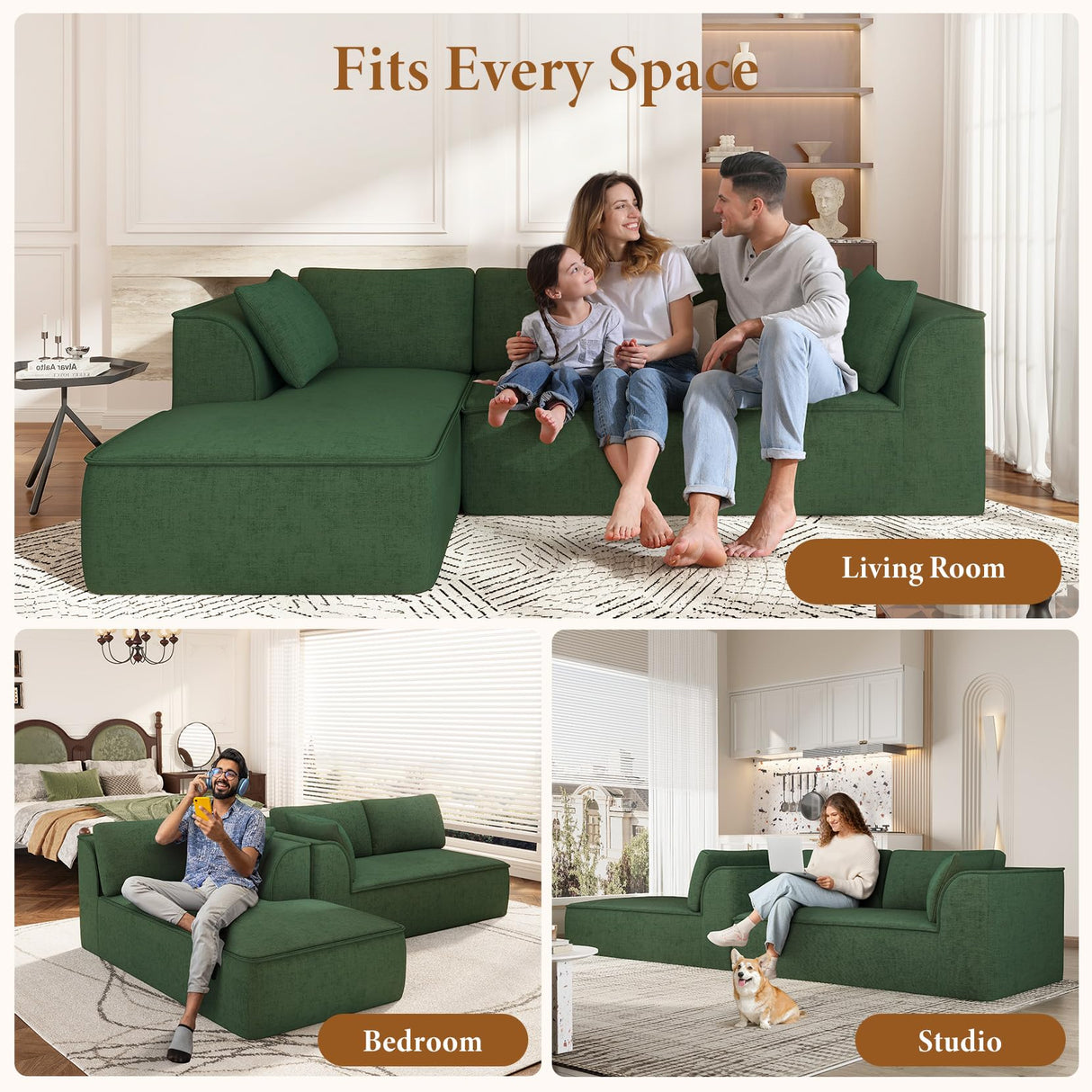 Vesgantti 106" Cloud Couch Sectional Modular Sofa, Deep Seat Comfy Cloud Couch Chenille Memory Foam Sofa Modular Couches for Living Room Bedroom, No Assembly Required (Green, Left-Facing Chaise) Vesgantti