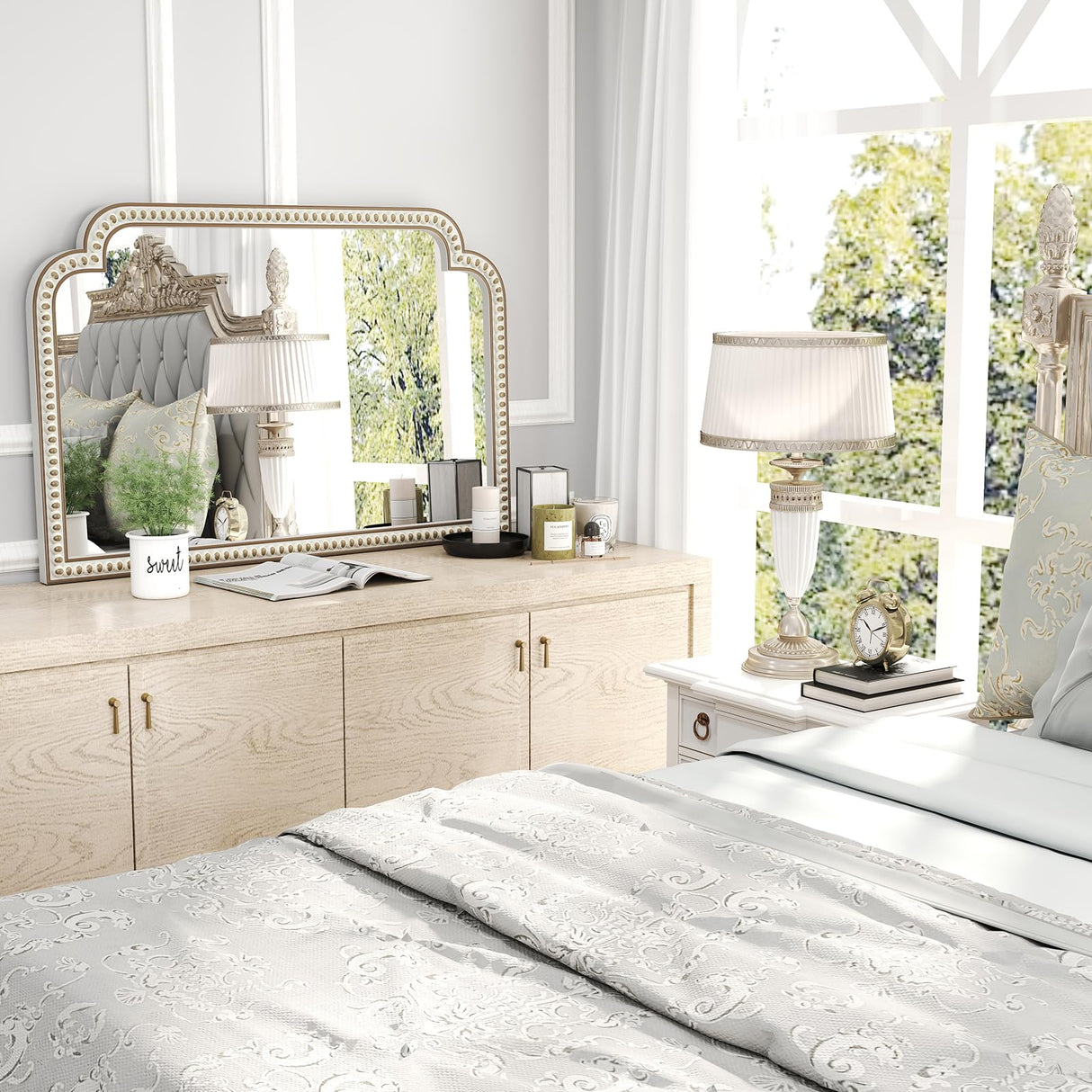 36''x24'' Farmhouse Wood Decorative Wall Mirrors with Beads, Boho Large Wide Arch Mirror for Living Room, Bedroom, Entryway, Fireplace HOITUZYUS