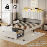 Full Size Bed Frames with Storage Headboard and 2 Drawers, Upholstered Platform Bed Frame Full with Led Lights and Handy Charging Station, No Box Spring Needed, Easy Assembly, Noise Free, Beige TIGUBFRE