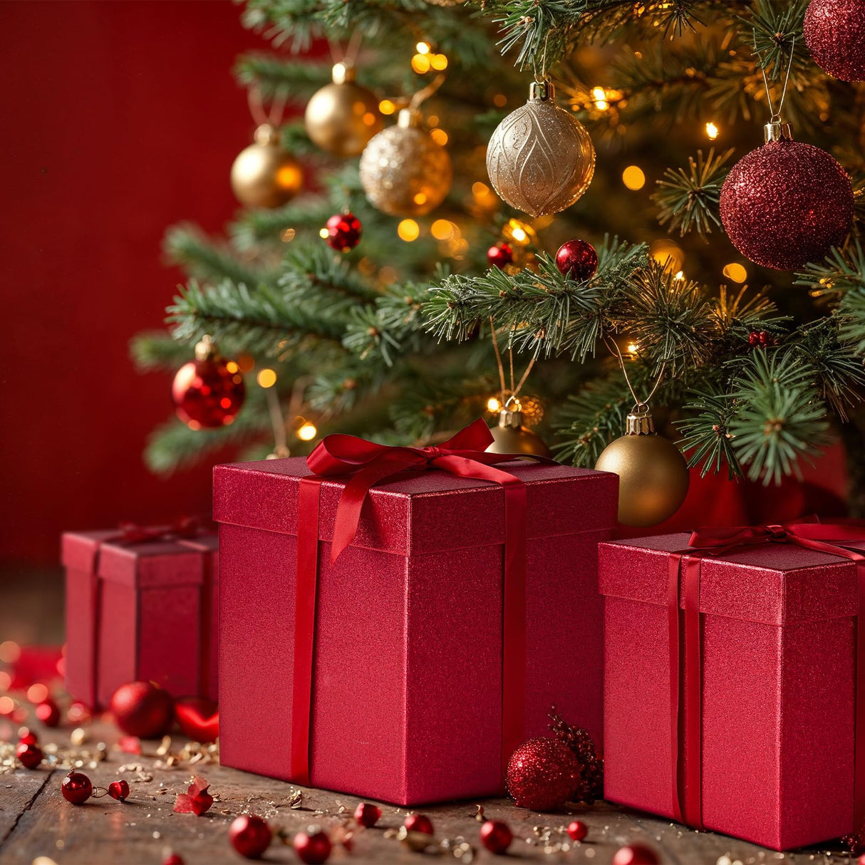 UNIQOOO 5Pcs Red Glitter Xmas Gift Box Set with Lid, Assorted Size, Square Nested Wedding Keepsake Boxes, Holiday Paper Box Tower For Birthday Party, Mother's Day Gift Wrap Packaging UNIQOOO