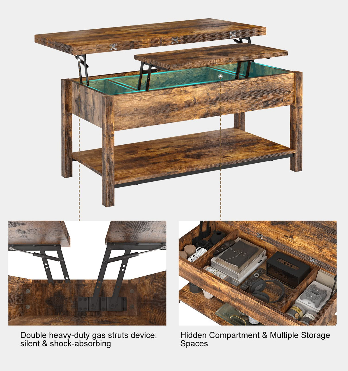 FABATO Lift Top Coffee Table, 4-in-1 Multi-Function Convertible Coffee Table with Storage, Coffee Table Converts to Dining Table for Living Room Reception Room Office, Rustic Brown, 41.73*19.29*18.3 FABATO