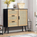 Iwell Storage Cabinet with Rattan Door & 3 Drawers, Rattan Cabinet with Adjustable Shelf, Rattan Dresser, Accent Cabinet for Living Room, Entryway, Kitchen, Black Iwell