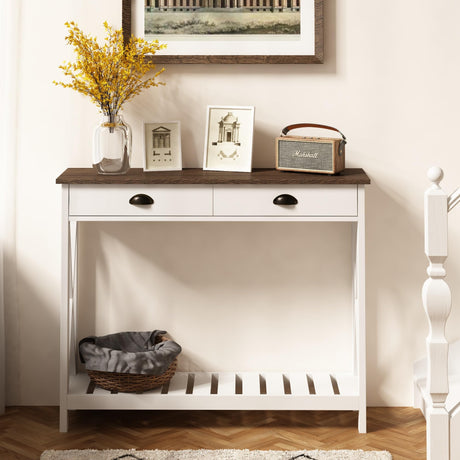ChooChoo Farmhouse Console Table with Drawer for Entryway, Narrow Long Entry Table with Shelf for Living Room, Rustic Vintage Hallway Sofa Table with Stable X Supports, 40 White ChooChoo