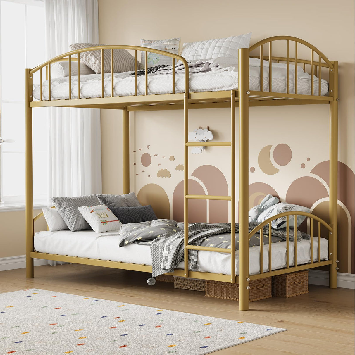 Garvee Bunk Bed Twin Over Twin with Ladder and Arched Guardrail, Heavy Duty Bunkbeds Frame with Sturdy Steel Slats Support for Kids Boys Girls, Space-Saving, No Box Spring Needed, Gold Garvee