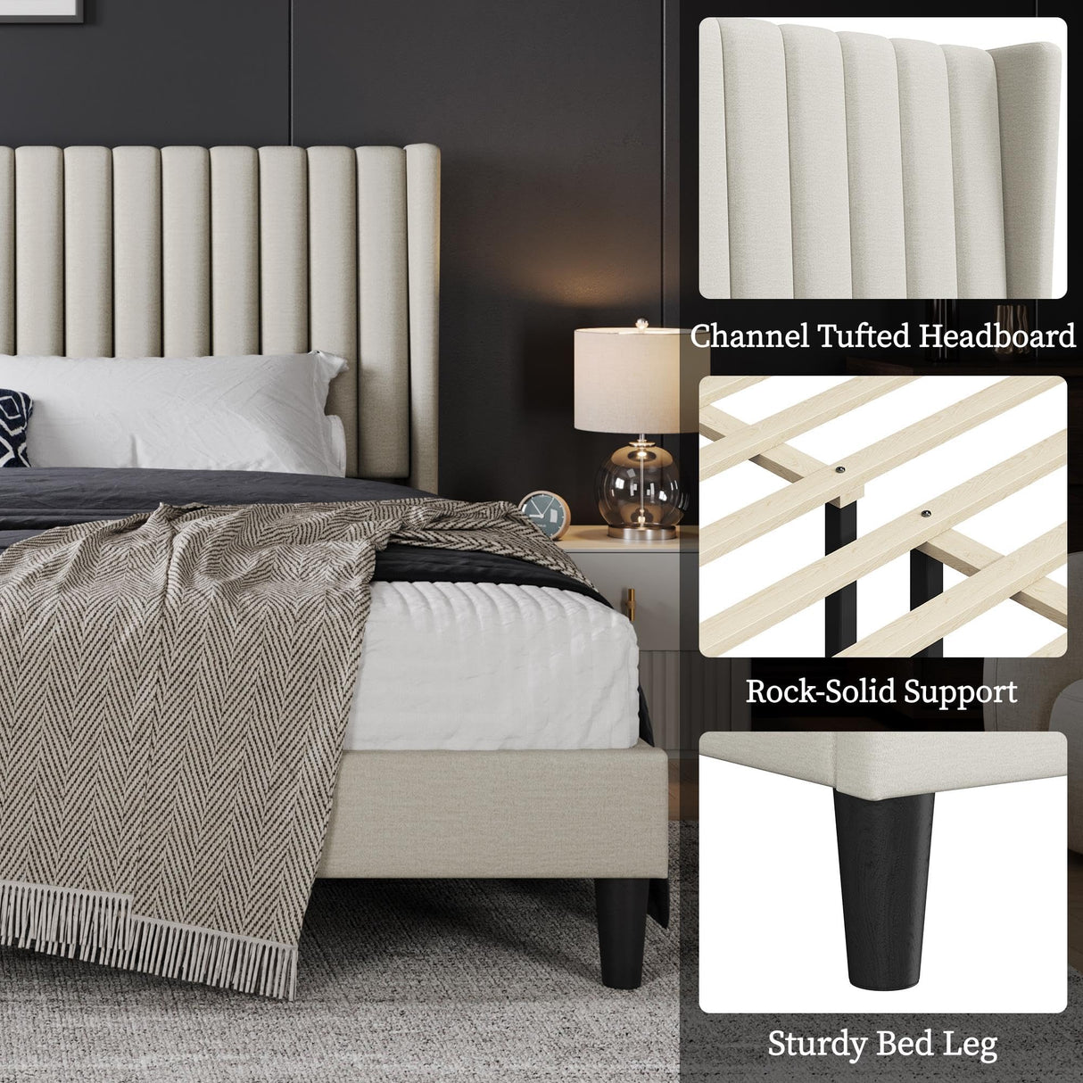 Yaheetech King Bed Frame Upholstered Platform Bed with Fabric Headboard, Wing Edge Design/Non-Slip and Noise-Free/Wooden Slats Support/No Box Spring Needed/Easy Assembly, Beige King Bed Yaheetech