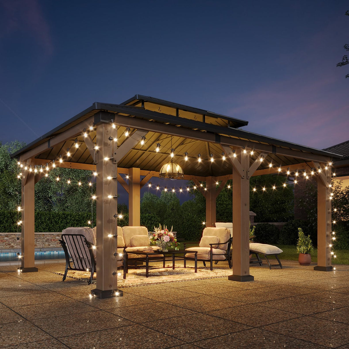 Aoxun 12' x 16' Outdoor Wood Gazebo, Hardtop Gazebo Permanent Wooden Pavilion with Galvanized Steel Double Roof, for Patio, Garden, Backyard, Cedar Wood Aoxun