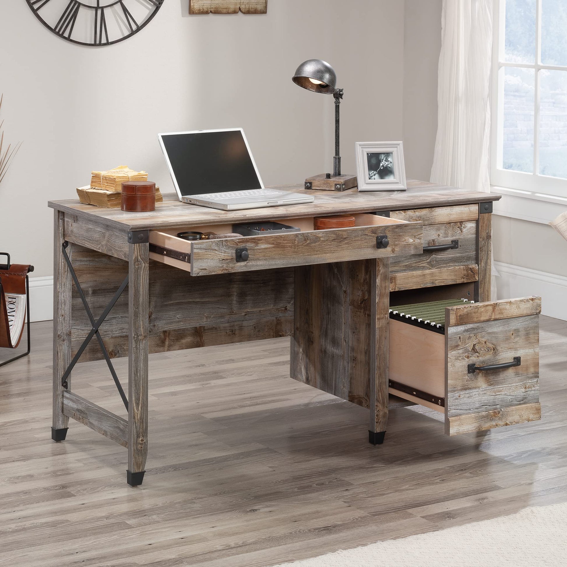 Sauder Carson Forge Pedestal Desk, L: 53.19" x W: 22.64" x H: 29.80", Soft White Finish - WoodArtSupply