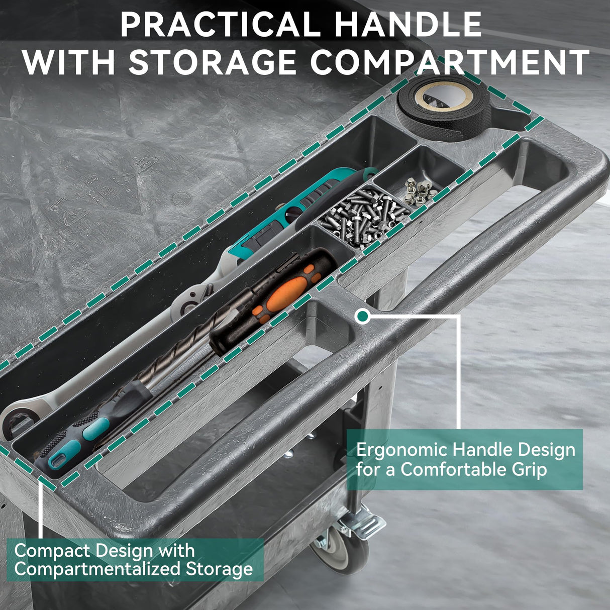 YITAHOME Utility Cart on Wheels, 550 lbs Service Cart 45 x 25 Inch Rolling Work Carts with Wheels, 2 Shelf Heavy Duty Plastic Cart Suitable for Warehouse, Garage, School & Office, Cleaning, Gray YITAHOME