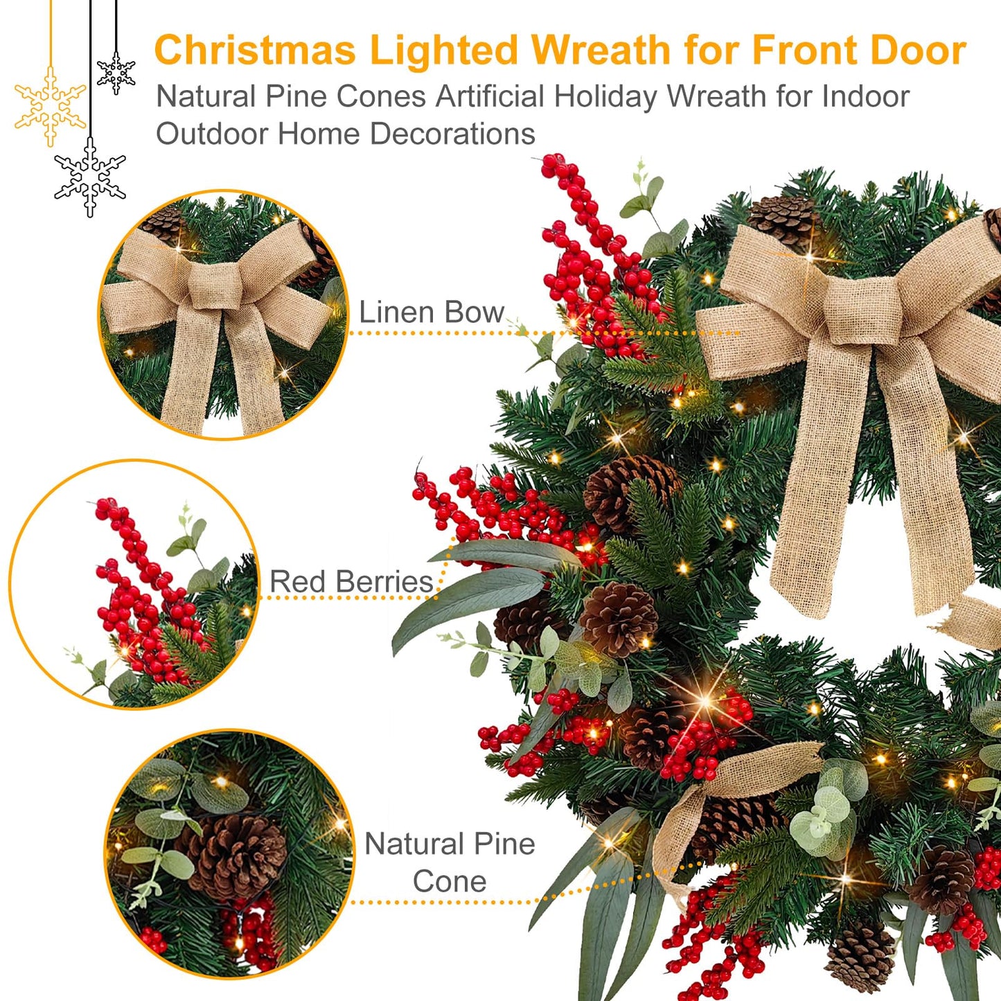 28’’ Pre-Lit Artificial Christmas Wreath, Battery Operated 35 LED Lights with Leaves, Red Berries, Natural Pine Cones, and a Linen Bow for Front Door, Xmas Wreath for Holiday Christmas Decorations