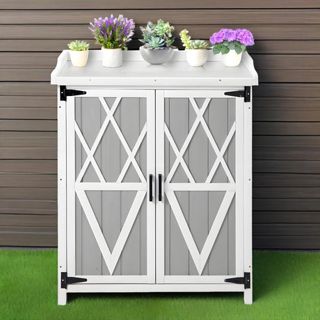 Outdoor Cabinet with Metal Tabletop Garden Potting Bench Table - Outdoor Garden Patio Wooden Storage Cabinet with Adjustable Shelf, Wooden Storage Cabinets, Weatherproof for Garden Patio Lawn EcoSummer