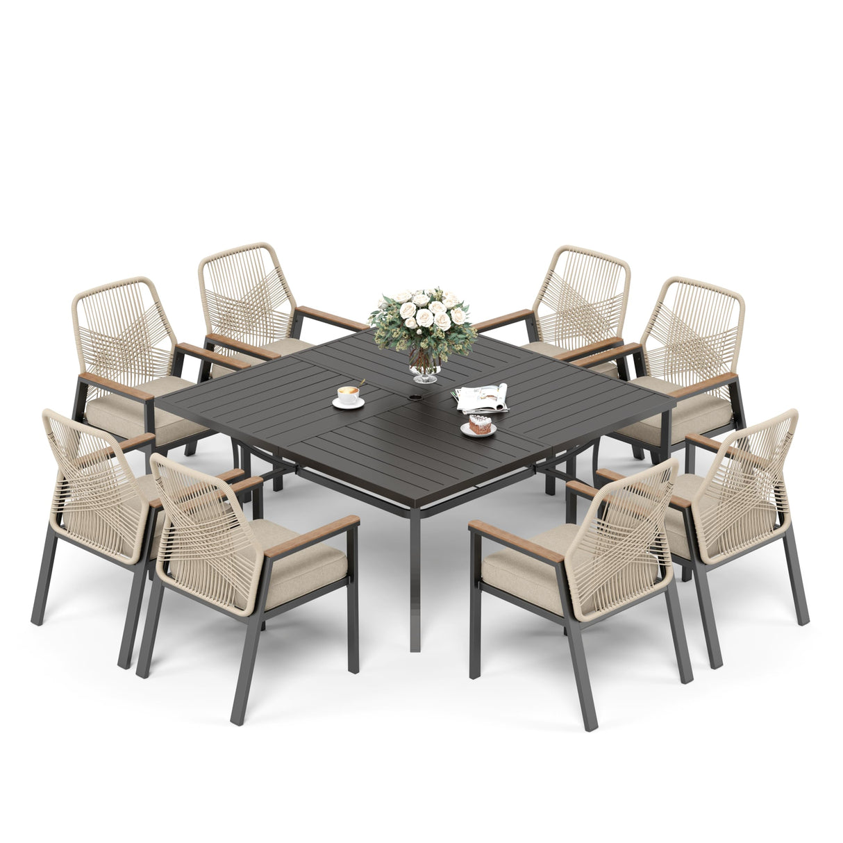 9 Pieces Patio Dining Set, 8 x Woven Rattan Chairs with Waterproof Cushion, 60" Square Metal Dining Table with Umbrella Hole, Outdoor Table and Chairs Set for Backyard Lawn and Deck, Beige SUNSHINE VALLEY