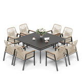 9 Pieces Patio Dining Set, 8 x Woven Rattan Chairs with Waterproof Cushion, 60" Square Metal Dining Table with Umbrella Hole, Outdoor Table and Chairs Set for Backyard Lawn and Deck, Beige SUNSHINE VALLEY