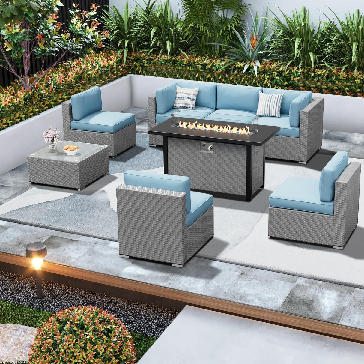 SUNCROWN Outdoor Patio Furniture Set 8 Piece Outdoor Sectional Sofa Grey Wicker Conversation Sofa Set with Coffee Table, Cushions and Fire Pit Table, Light Blue SUNCROWN