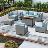 SUNCROWN Outdoor Patio Furniture Set 8 Piece Outdoor Sectional Sofa Grey Wicker Conversation Sofa Set with Coffee Table, Cushions and Fire Pit Table, Light Blue SUNCROWN