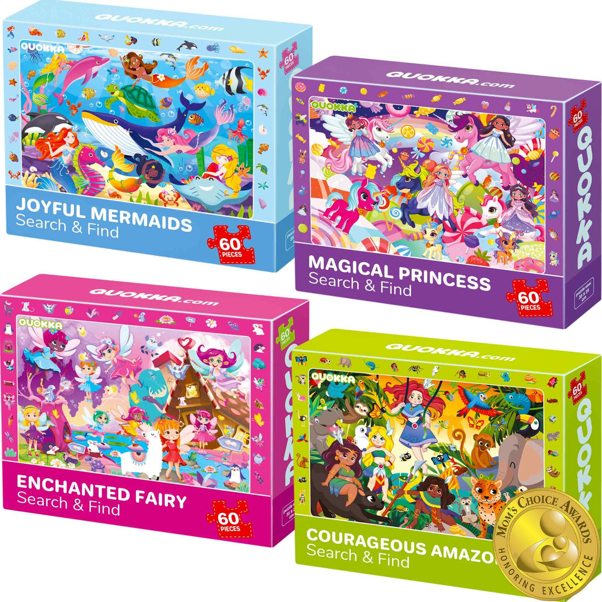 QUOKKA Princess Puzzles for Kids Ages 4-6 - Toddler Puzzles Ages 3-5 - 4-Pack 60 Piece Search and Find Jigsaw Puzzle 6-8 - Unicorn Mermaid Fairy Puzzle for Girls - Learning Educational Toy for 5 Year QUOKKA
