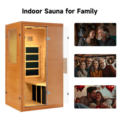 RESTISLAND Infrared Sauna for Home Sauna Room, 1 Person Low EMF Wooden 950W Indoor Sauna Spa at Home with 10min Quick Pre-Heat, LCD Control Panel and Tempered Glass Door