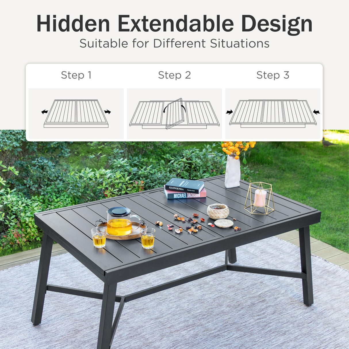 PHI VILLA Heavy Duty 9-Piece Patio Dining Sets, Expandable Outdoor Table and Chairs Set for 8, 8 Extra Large Dining Chairs(2 Swivel), Rectangular Metal Dining Table for Deck, Backyard and Garden PHI VILLA