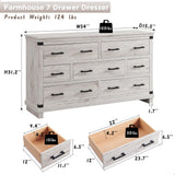 Farmhouse 7 Drawer Dresser for Bedroom - Wood Large Dressers & Chests of Drawers for Closet, 54 Inch Wide Dresser TV Stand with Storage for Bedroom, Living Room, Antique Brush White RedLemon