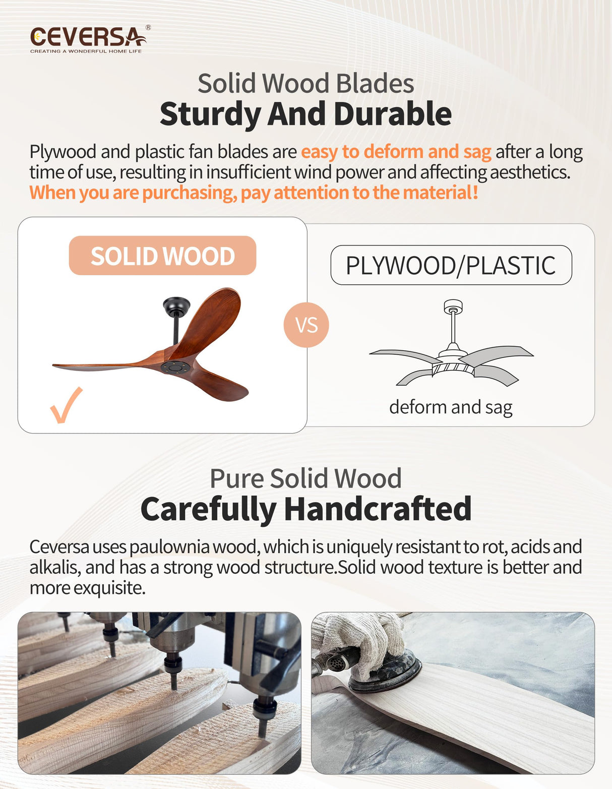 Ceversa 52 Inch Solid Wood Ceiling Fan No Light Remote Control,Outdoor Real Wood Ceiling Fan Without Light 3 Blades Walnut Exquisite Craftmade Quiet for Patio,Farmhouse,Living Room, Bedroom, Office Ceversa