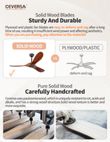 Ceversa 52 Inch Solid Wood Ceiling Fan No Light Remote Control,Outdoor Real Wood Ceiling Fan Without Light 3 Blades Walnut Exquisite Craftmade Quiet for Patio,Farmhouse,Living Room, Bedroom, Office Ceversa
