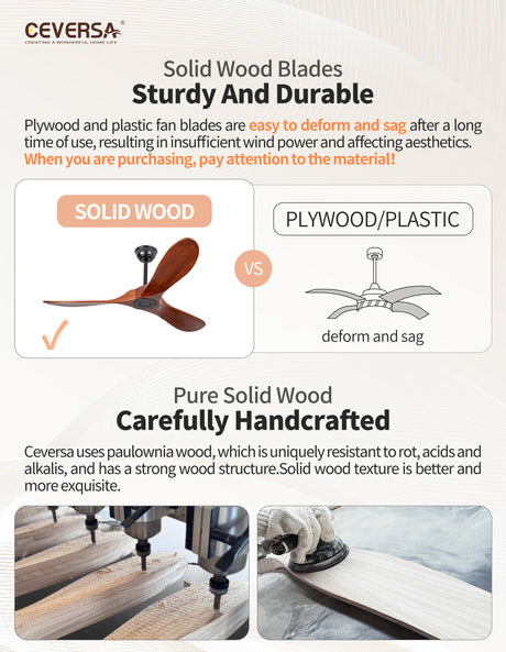 Ceversa 52 Inch Solid Wood Ceiling Fan No Light Remote Control,Outdoor Real Wood Ceiling Fan Without Light 3 Blades Walnut Exquisite Craftmade Quiet for Patio,Farmhouse,Living Room, Bedroom, Office Ceversa