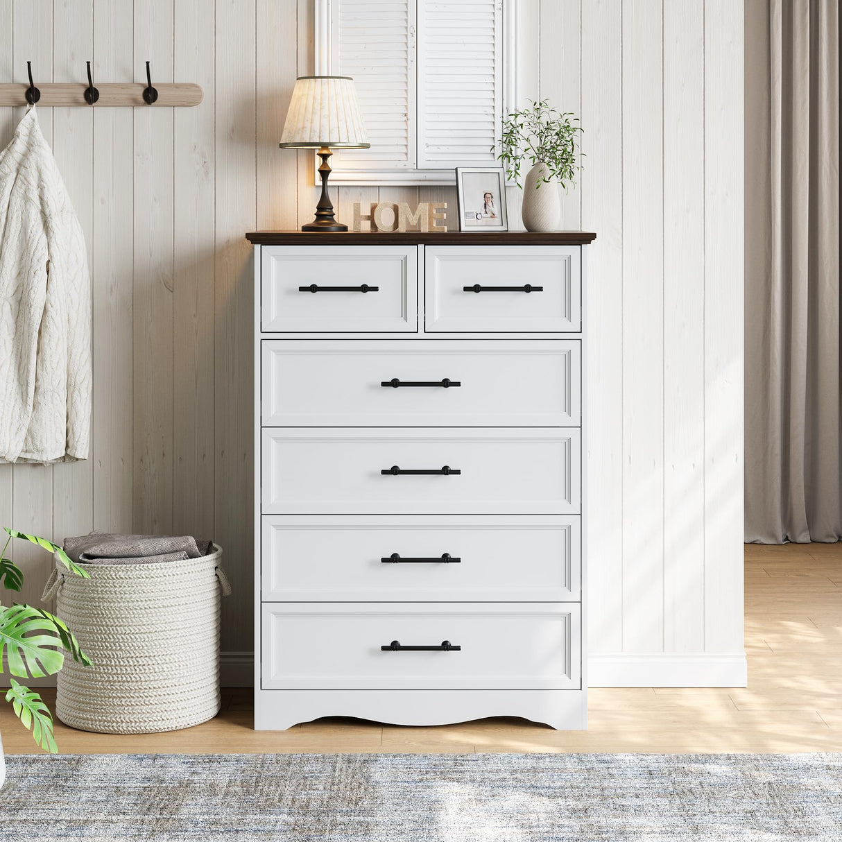 Farmhouse 6 Drawer Dresser, White Wood Chest of Drawers, 44" Tall Bedroom Storage Cabinet with Brushed Metal Handles, Closet Organizer for Bedroom, Living Room, Hallway Harpaq
