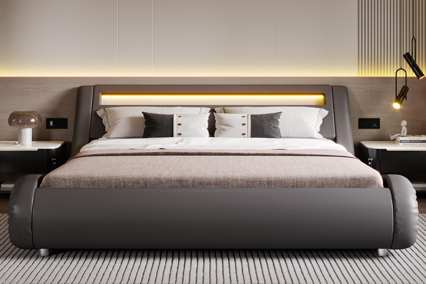 SHA CERLIN LED King Deluxe Upholstered Bed Frame - Adjustable Grey Sleigh Design with Music Sync Lighting - WoodArtSupply