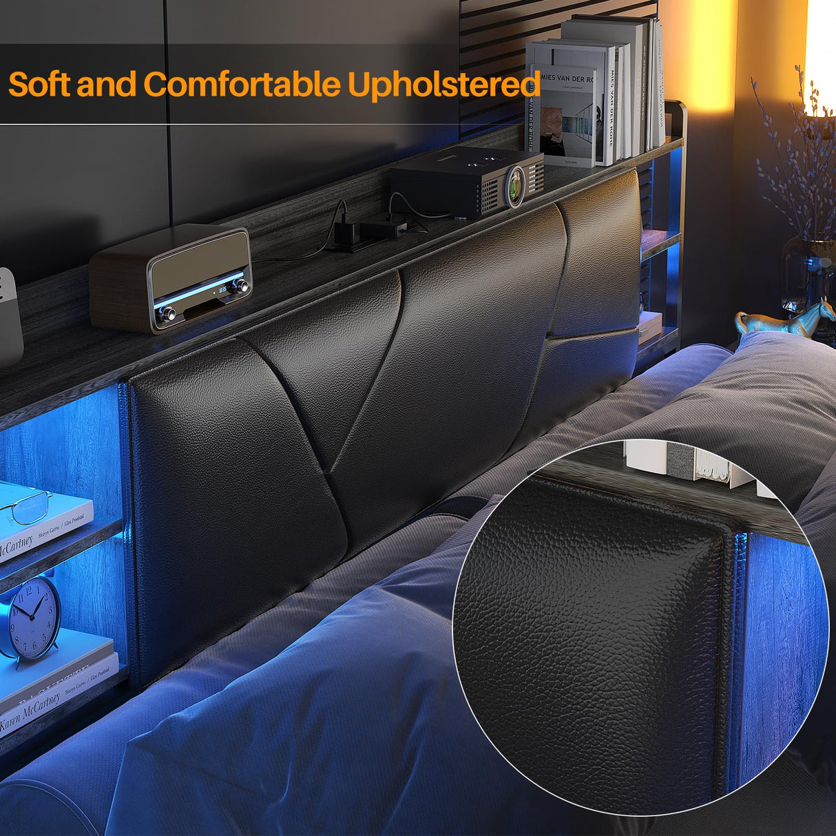 Unikito King Size Bed Frame with LED Lights, Power Outlets, and Upholstered Headboard in Black Oak Unikito