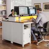 DWVO Farmhouse Office Desk with Drawer & Power Outlets, Wood Computer Desk w/LED Strip & Monitor Stand for Bedchamber Study, Home Office Table with Storage Cabinet for Working Writing Gaming (White) DWVO