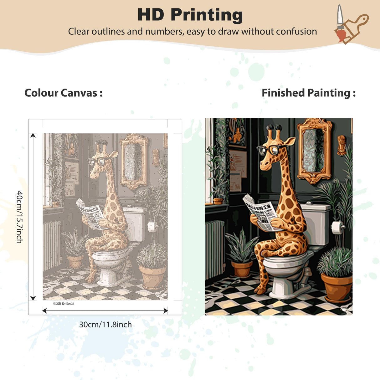 EOBROMD Framed Paint by Numbers Kits for Adults Cute Giraffe in The Toilet, DIY Kits Crafts for Beginner, Painting on Stretched Canvas, Oil Paint by Numbers for Home Decor Gift 12x16inch EOBROMD