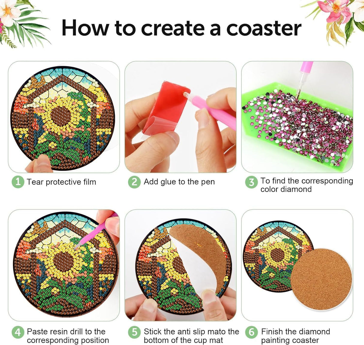 8 Pcs Fall Diamond Art Coasters Kit for Adults - Flowers Painting Set With Holder Cork Pads DIY Sunflower Truck Crafts for Beginners Meothan