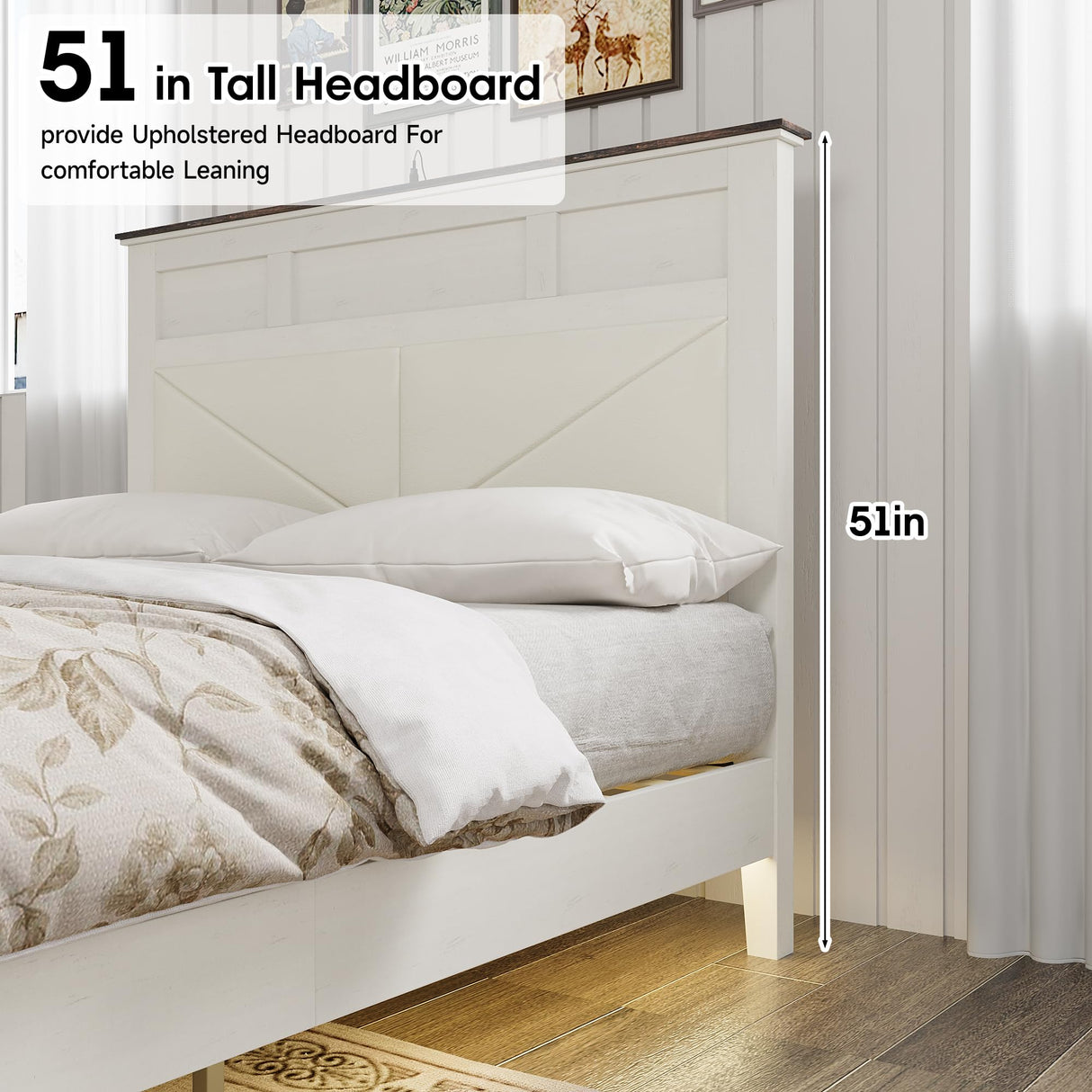 Halitaa Farmhouse Full Bed Frame with Storage, Full Size Bed Frame with 51" Tall Headboard & Charging Station,Wood Platform Bedframe with Led Lights & Storage Bench, No Box Spring Needed,White Halitaa